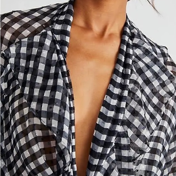 Free People Picnic Plaid Tie Front Gingham Ruffle Top Black White OS NWT - Picture 3 of 7